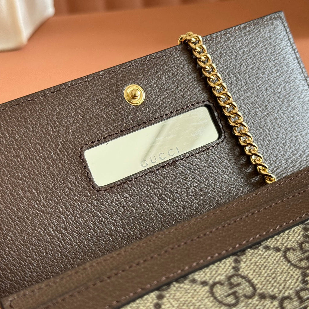 GUCCI OPHIDIA WALLET ON CHAIN 19 IN BEIGE AND DARK BROWN COATED FABRIC AND CALFSKIN