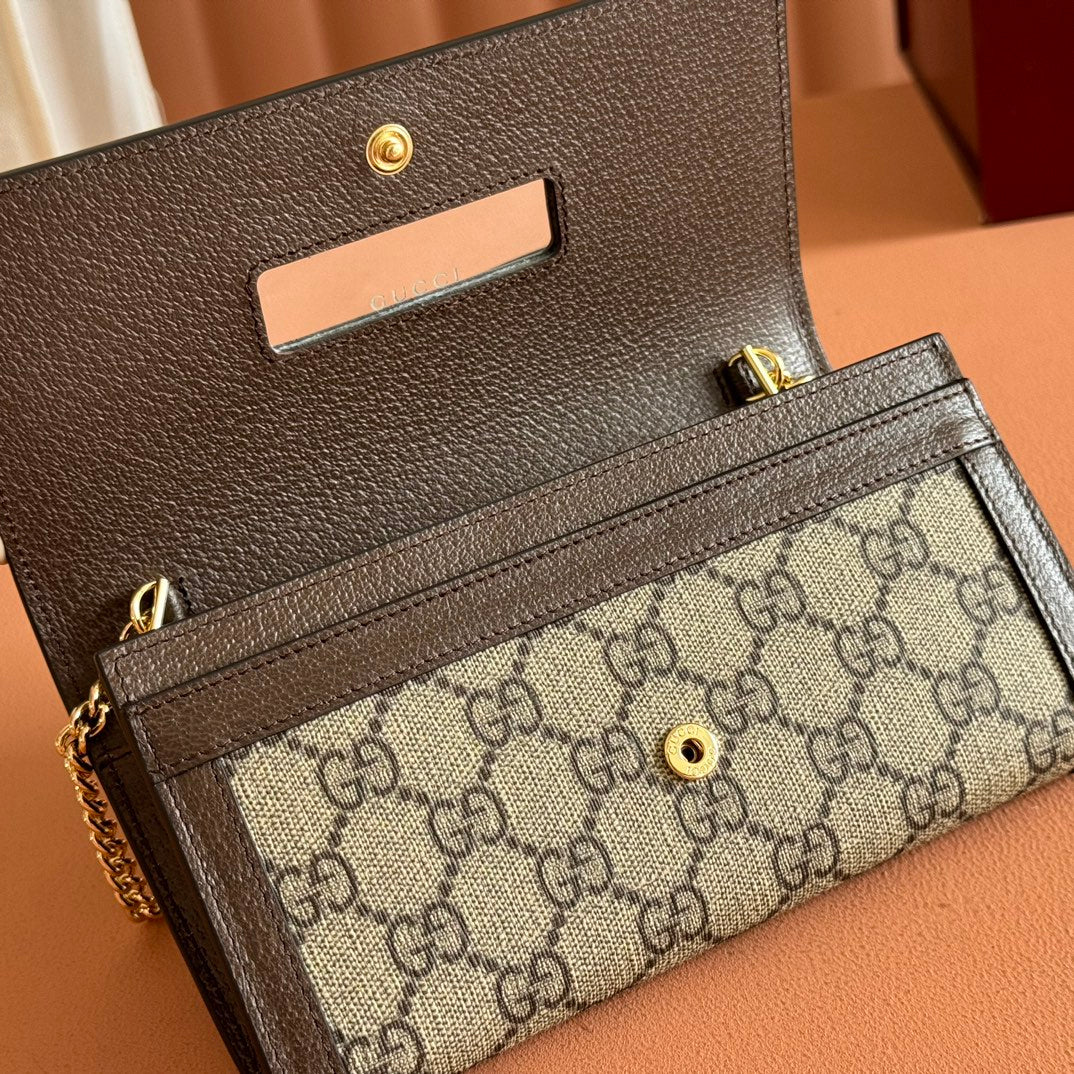 GUCCI OPHIDIA WALLET ON CHAIN 19 IN BEIGE AND DARK BROWN COATED FABRIC AND CALFSKIN