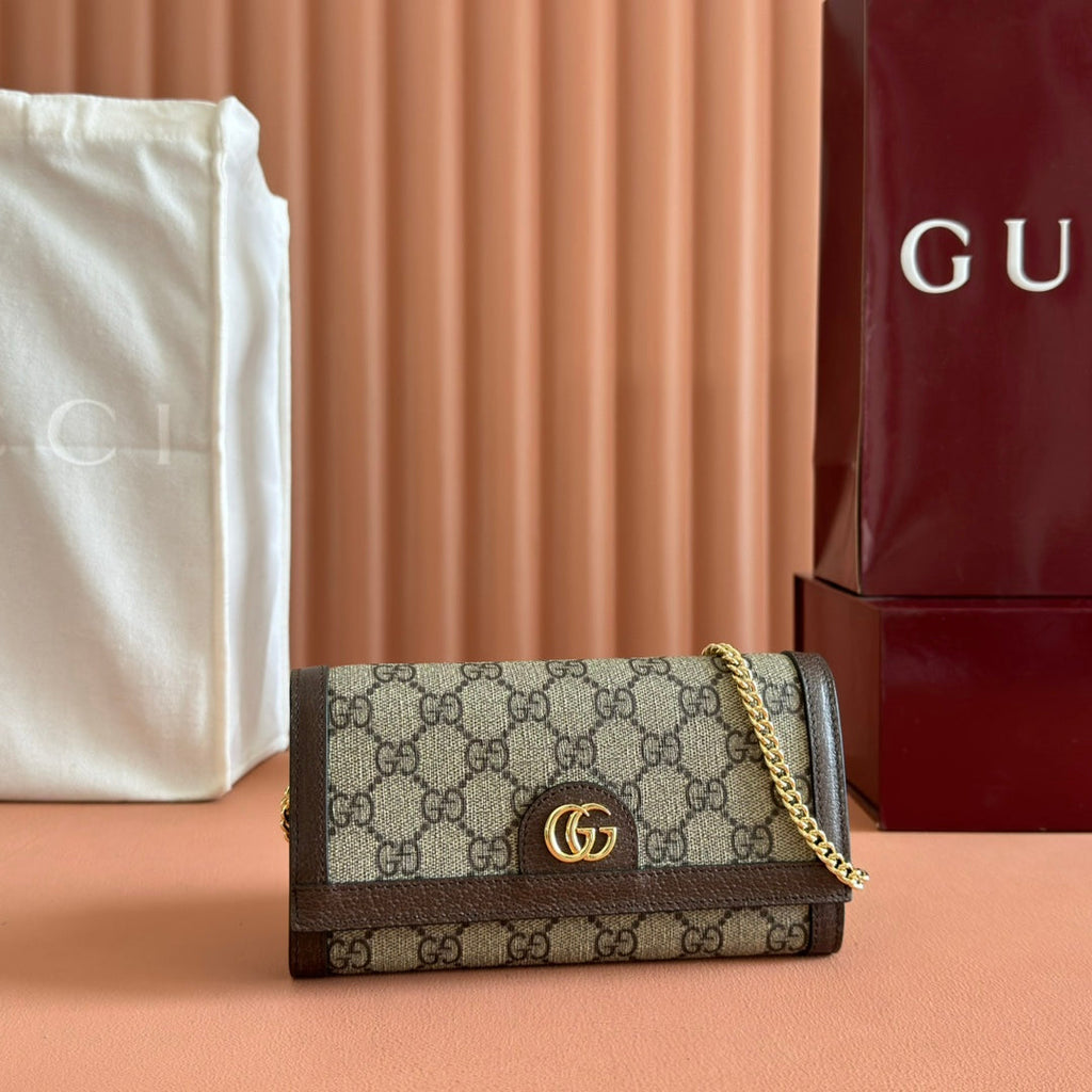 GUCCI OPHIDIA WALLET ON CHAIN 19 IN BEIGE AND DARK BROWN COATED FABRIC AND CALFSKIN