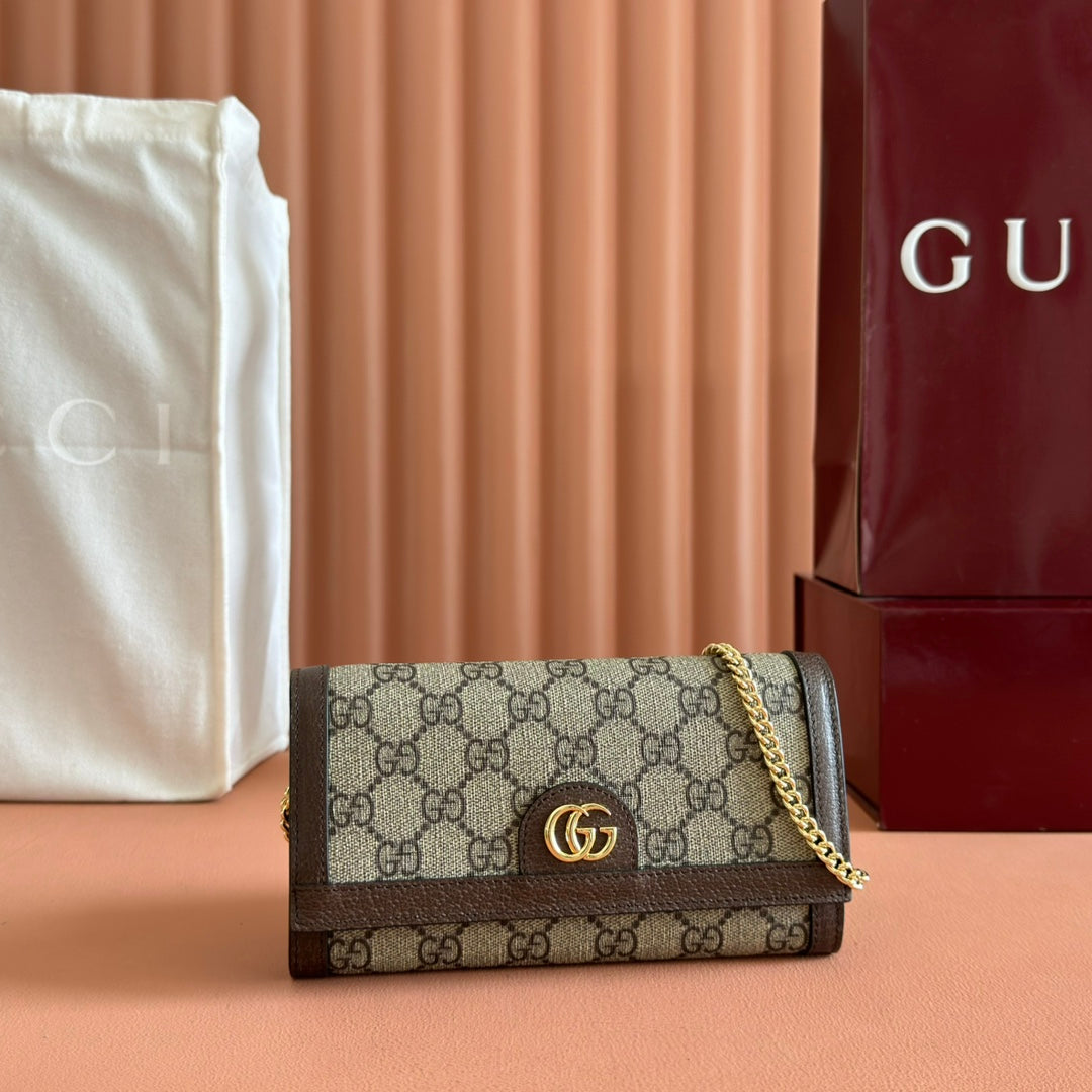 GUCCI OPHIDIA WALLET ON CHAIN 19 IN BEIGE AND DARK BROWN COATED FABRIC AND CALFSKIN
