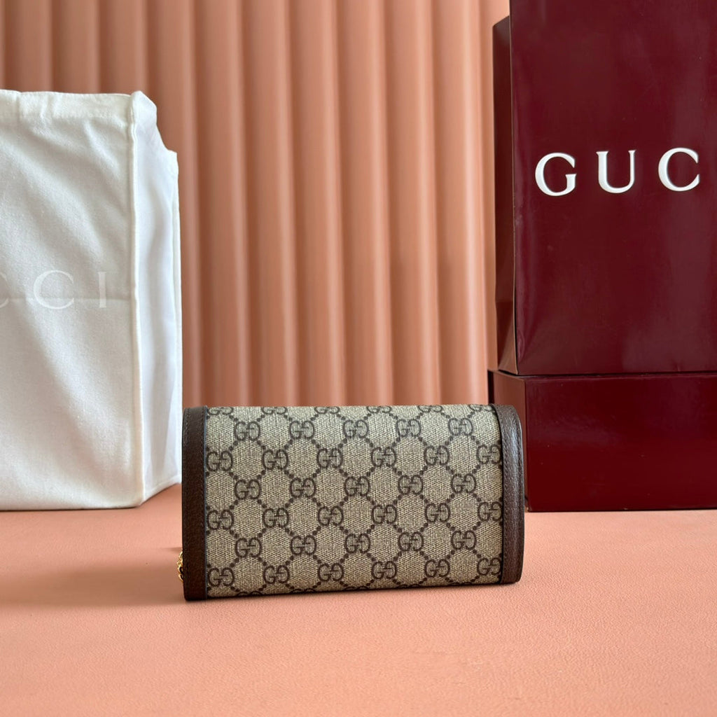 GUCCI OPHIDIA WALLET ON CHAIN 19 IN BEIGE AND DARK BROWN COATED FABRIC AND CALFSKIN