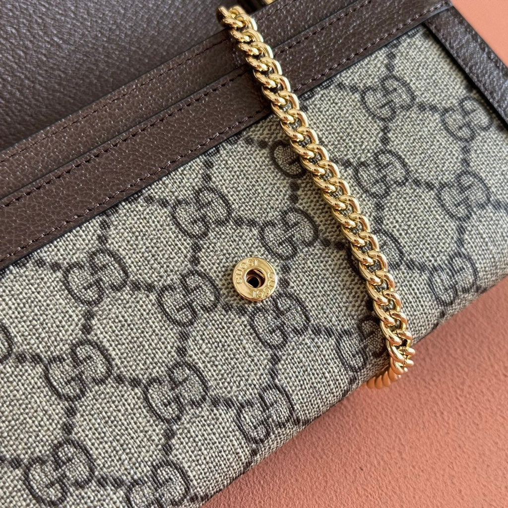 GUCCI OPHIDIA WALLET ON CHAIN 19 IN BEIGE AND DARK BROWN COATED FABRIC AND CALFSKIN