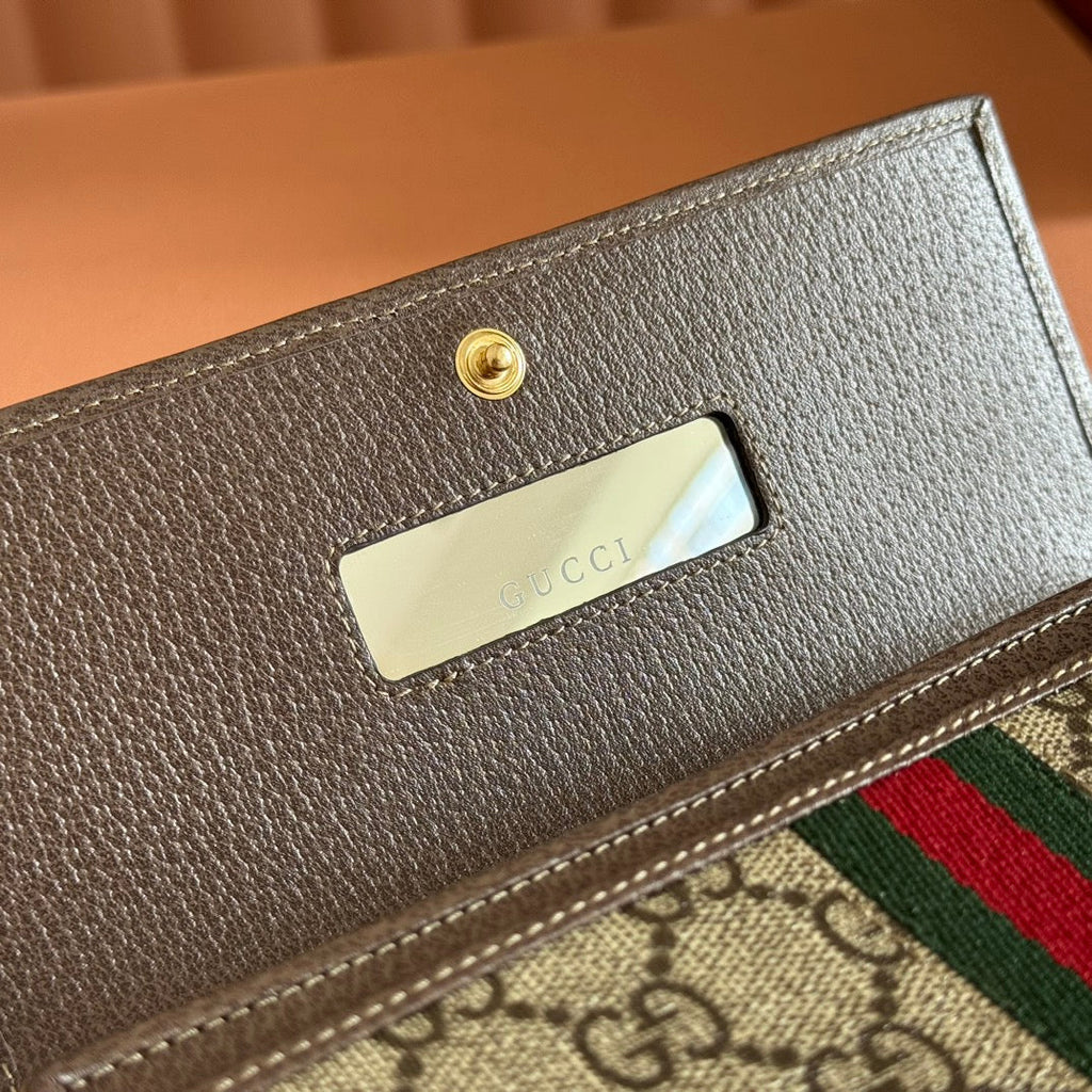 GUCCI OPHIDIA WALLET ON CHAIN 19 IN BEIGE AND DARK BROWN COATED FABRIC AND BROWN CALFSKIN TRIM