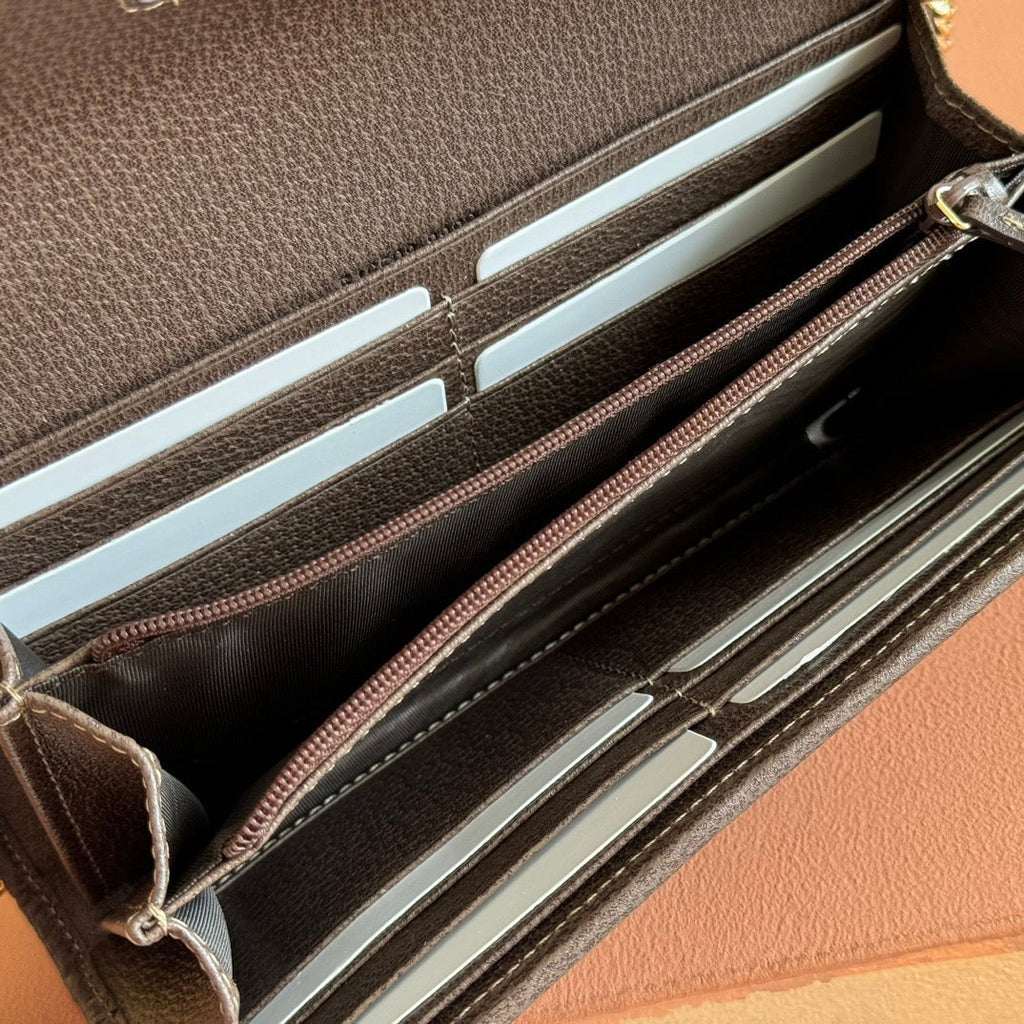GUCCI OPHIDIA WALLET ON CHAIN 19 IN BEIGE AND DARK BROWN COATED FABRIC AND BROWN CALFSKIN TRIM