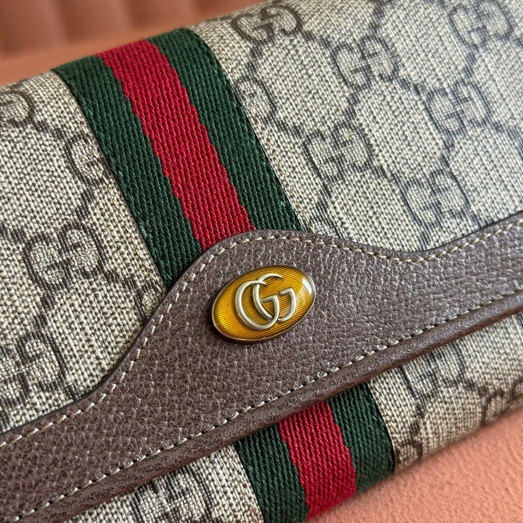 GUCCI OPHIDIA WALLET ON CHAIN 19 IN BEIGE AND DARK BROWN COATED FABRIC AND BROWN CALFSKIN TRIM