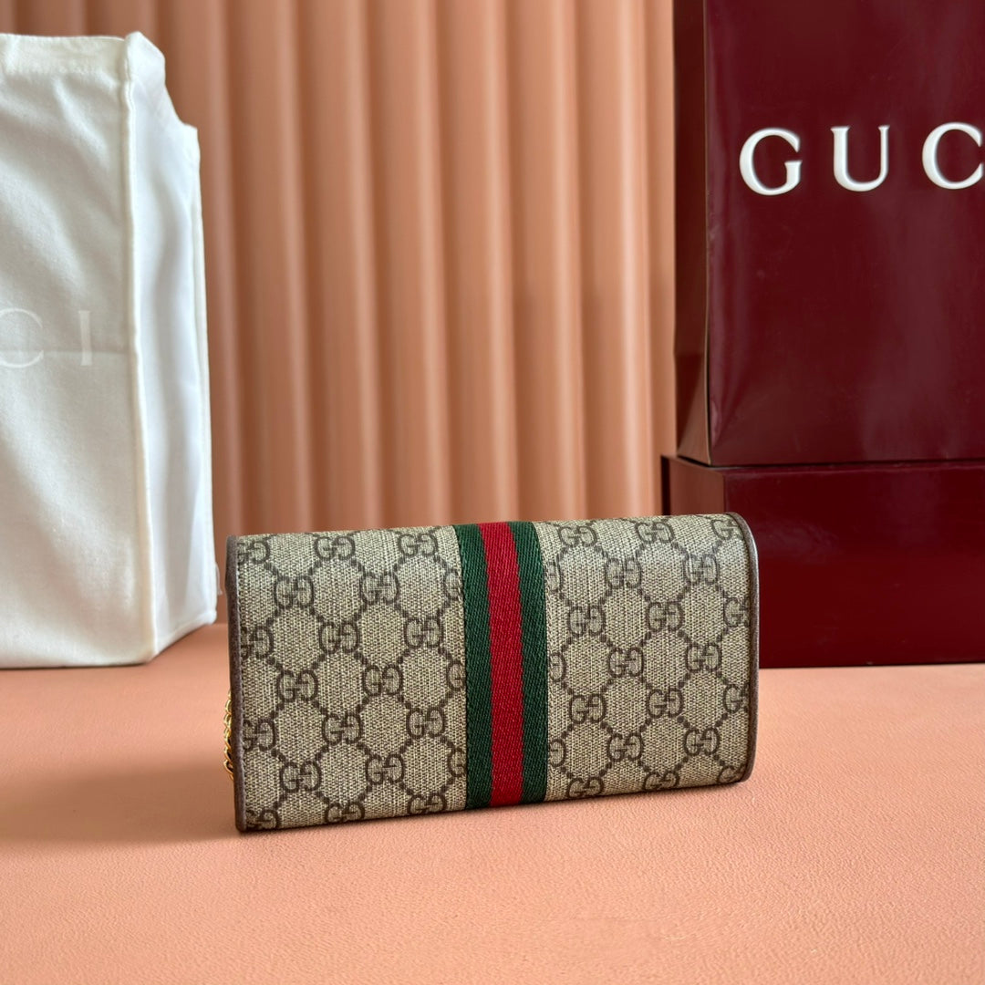 GUCCI OPHIDIA WALLET ON CHAIN 19 IN BEIGE AND DARK BROWN COATED FABRIC AND BROWN CALFSKIN TRIM