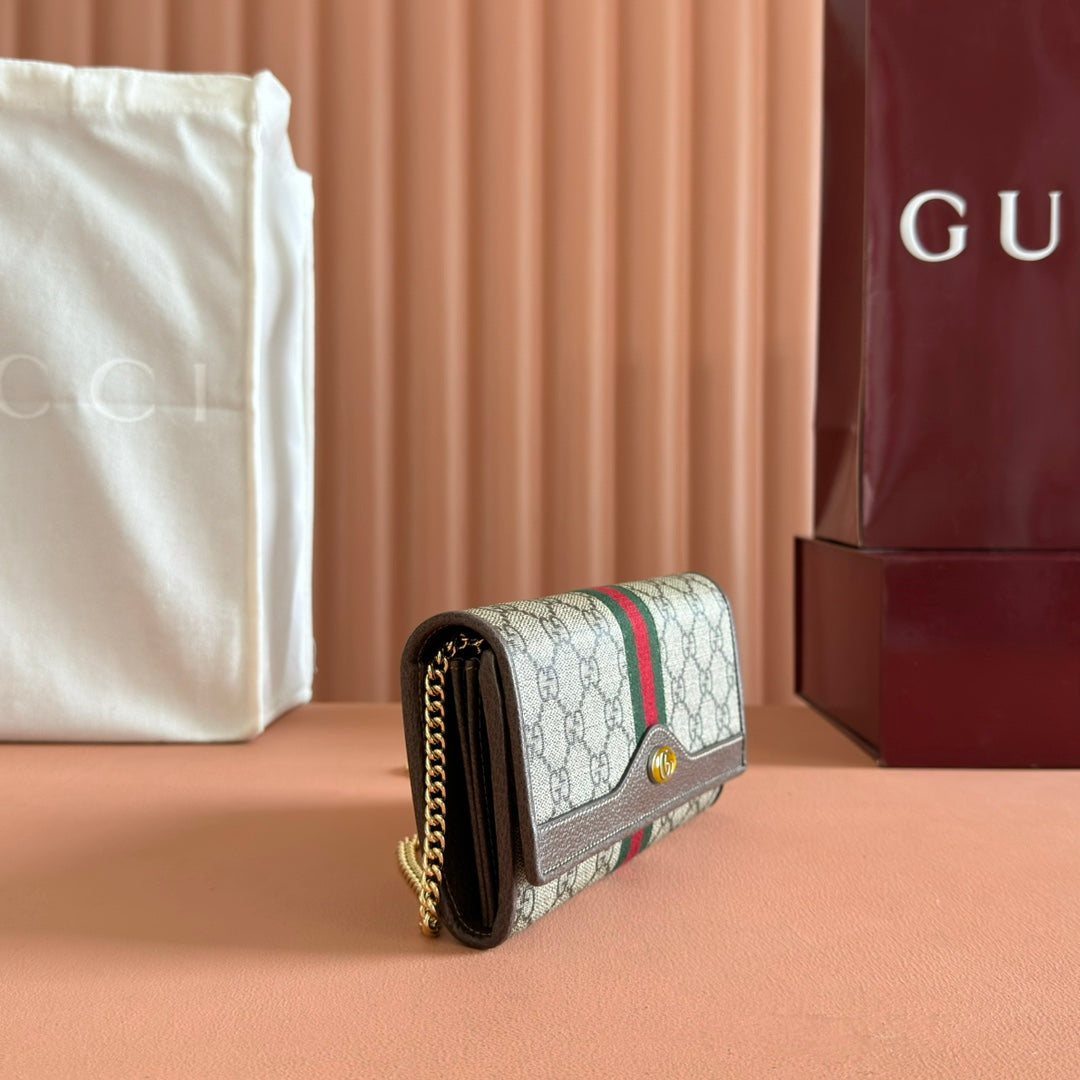 GUCCI OPHIDIA WALLET ON CHAIN 19 IN BEIGE AND DARK BROWN COATED FABRIC AND BROWN CALFSKIN TRIM
