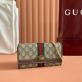 GUCCI OPHIDIA WALLET ON CHAIN 19 IN BEIGE AND DARK BROWN COATED FABRIC AND BROWN CALFSKIN TRIM