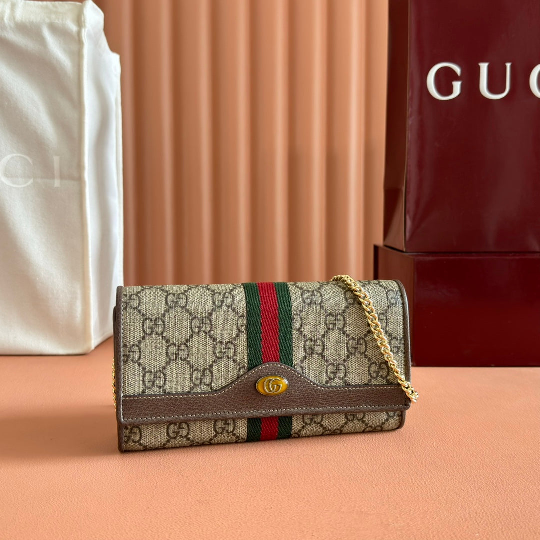 GUCCI OPHIDIA WALLET ON CHAIN 19 IN BEIGE AND DARK BROWN COATED FABRIC AND BROWN CALFSKIN TRIM