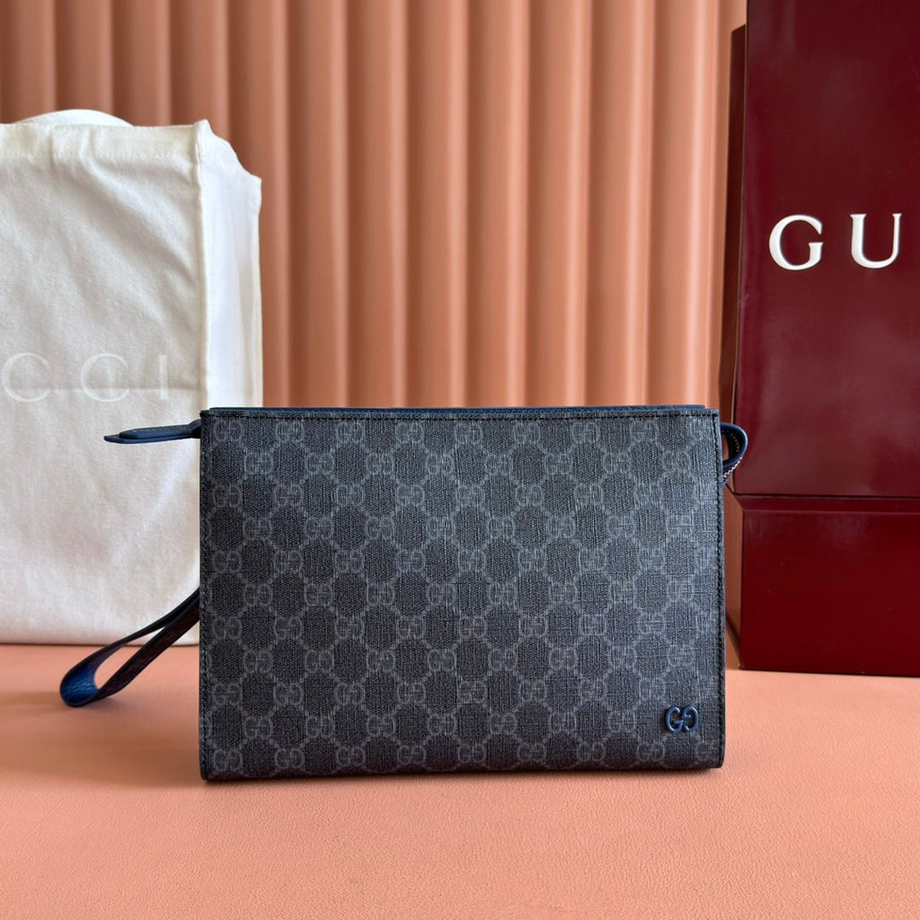 GUCCI OPHIDIA POUCH 26 IN DARK GREY MONOGRAM CANVAS AND NAVY BLUE CALFSKIN TRIM