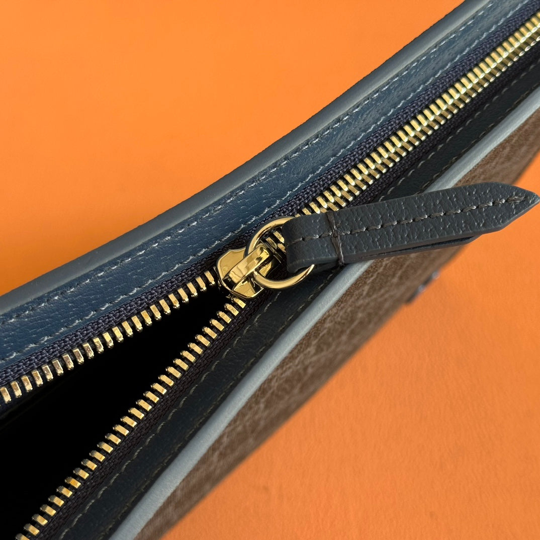 GUCCI OPHIDIA POUCH 26 IN DARK GREY MONOGRAM CANVAS AND NAVY BLUE CALFSKIN TRIM