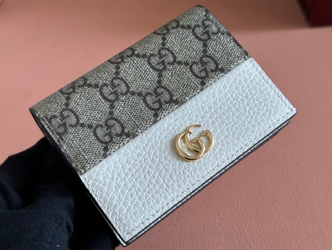 GUCCI MARMONT BI-COLOUR CARD CASE WALLET 11 IN BEIGE EBONY  CANVAS WHITE CALFSKIN