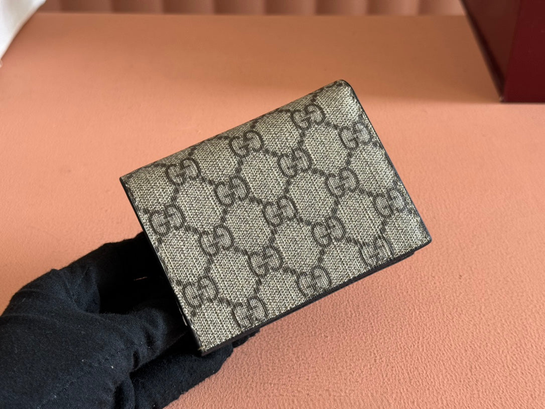GUCCI MARMONT BI-COLOUR CARD CASE WALLET 11 IN BEIGE EBONY  CANVAS BLACK CALFSKIN