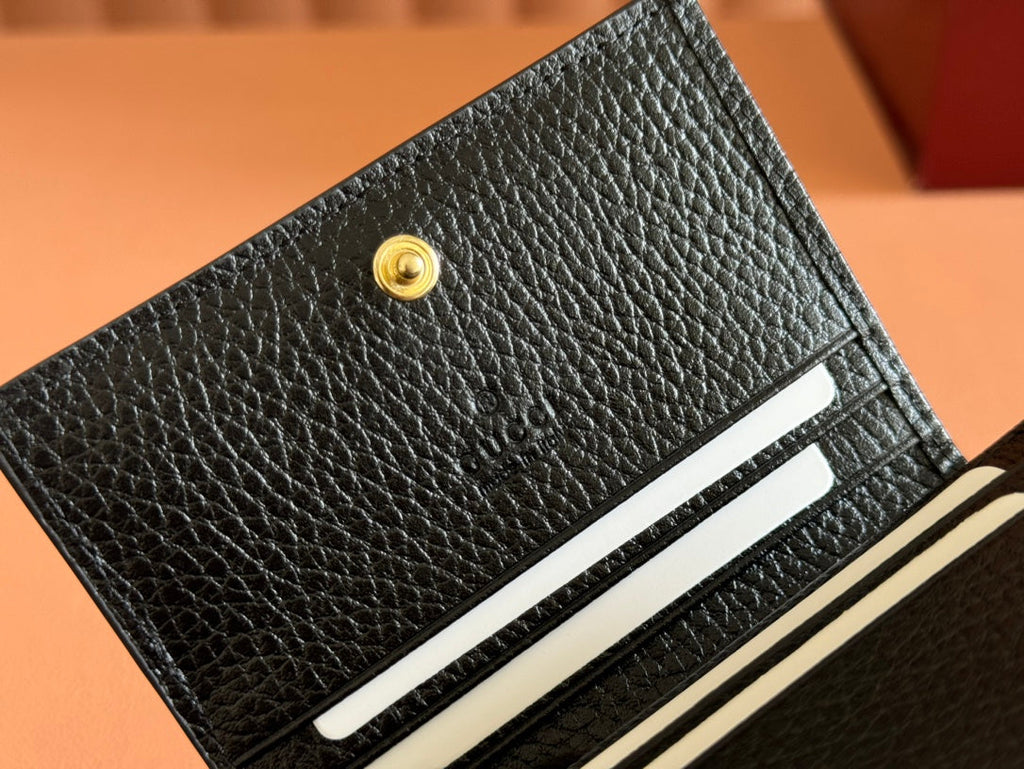 GUCCI MARMONT BI-COLOUR CARD CASE WALLET 11 IN BEIGE EBONY  CANVAS BLACK CALFSKIN