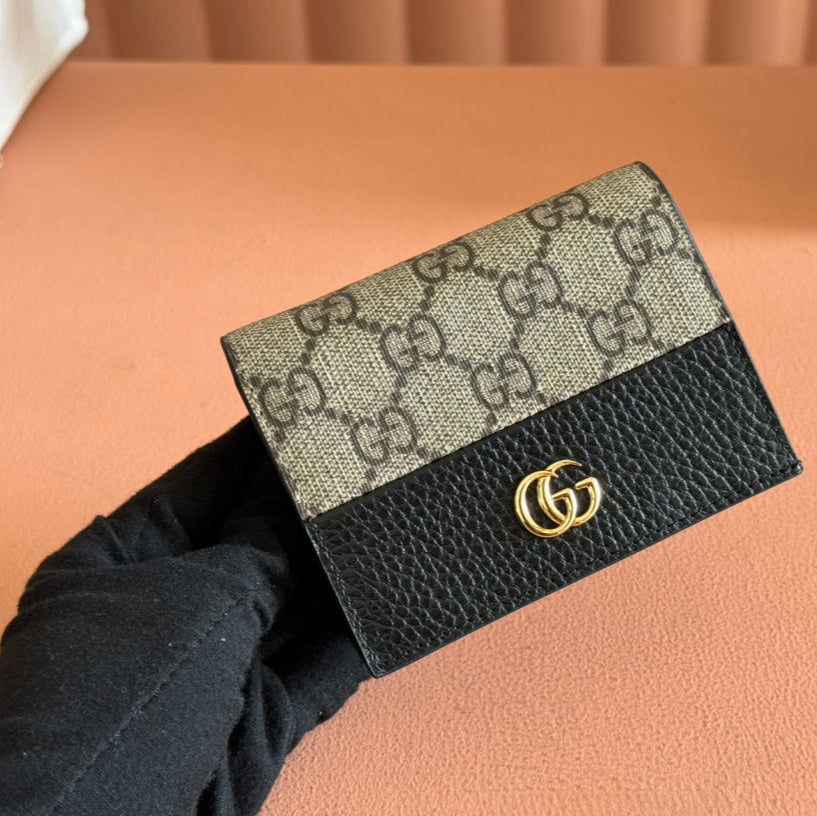 GUCCI MARMONT BI-COLOUR CARD CASE WALLET 11 IN BEIGE EBONY  CANVAS BLACK CALFSKIN