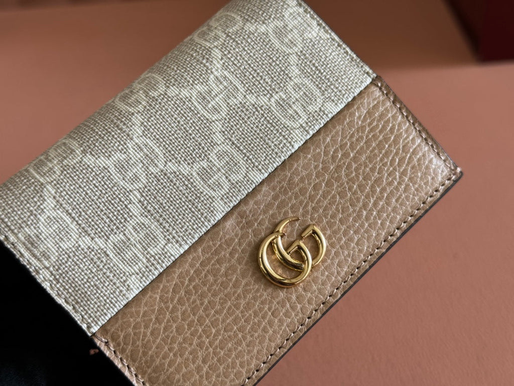 GUCCI MARMONT BI-COLOUR CARD CASE WALLET 11 IN BEIGE EBONY  CANVAS BROWN CALFSKIN