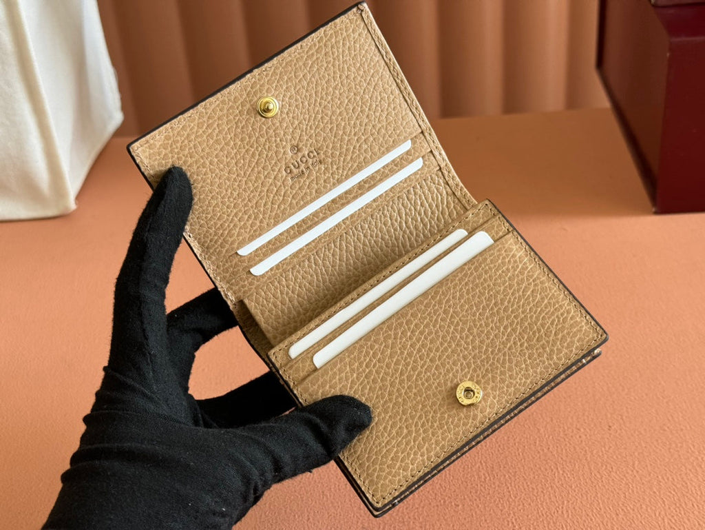 GUCCI MARMONT BI-COLOUR CARD CASE WALLET 11 IN BEIGE EBONY  CANVAS BROWN CALFSKIN