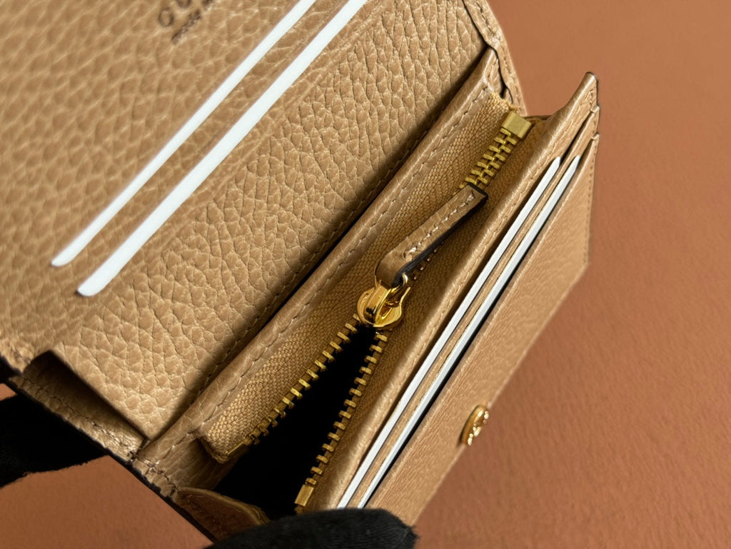 GUCCI MARMONT BI-COLOUR CARD CASE WALLET 11 IN BEIGE EBONY  CANVAS BROWN CALFSKIN