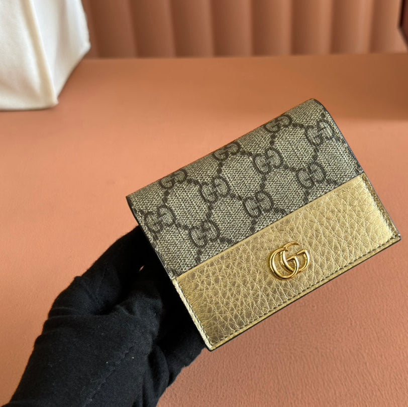 GUCCI MARMONT BI-COLOUR CARD CASE WALLET 11 IN BEIGE EBONY  CANVAS GOLD GLOSSY CALFSKIN
