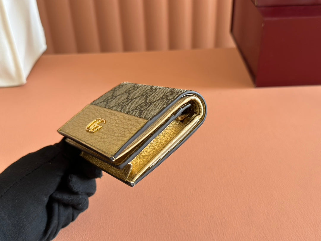 GUCCI MARMONT BI-COLOUR CARD CASE WALLET 11 IN BEIGE EBONY  CANVAS GOLD GLOSSY CALFSKIN
