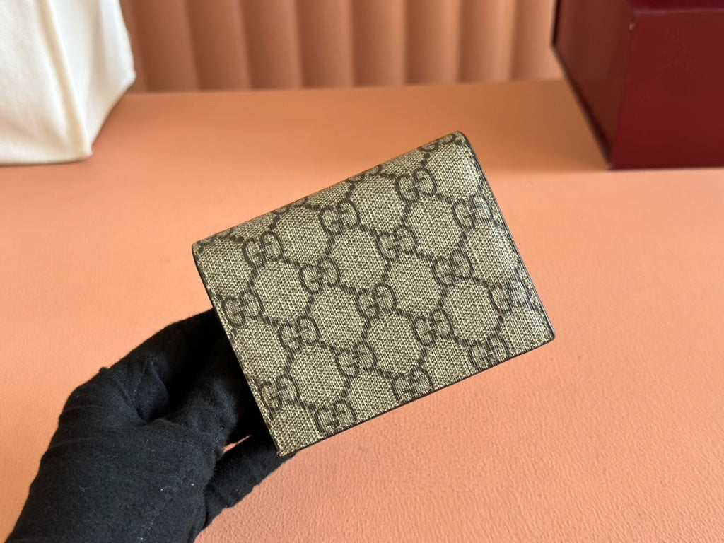GUCCI MARMONT BI-COLOUR CARD CASE WALLET 11 IN BEIGE EBONY  CANVAS GOLD GLOSSY CALFSKIN