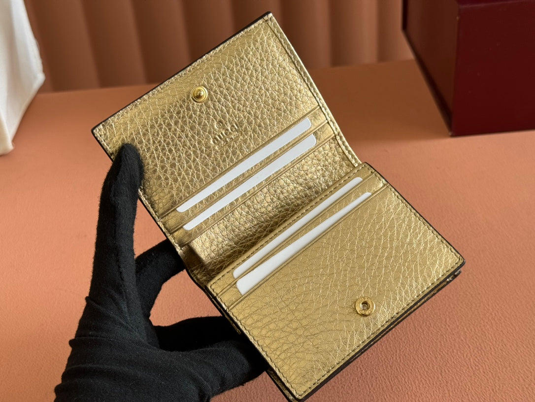 GUCCI MARMONT BI-COLOUR CARD CASE WALLET 11 IN BEIGE EBONY  CANVAS GOLD GLOSSY CALFSKIN
