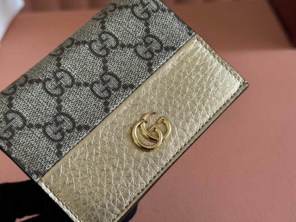 GUCCI MARMONT BI-COLOUR CARD CASE WALLET 11 IN BEIGE EBONY  CANVAS GOLD GLOSSY CALFSKIN
