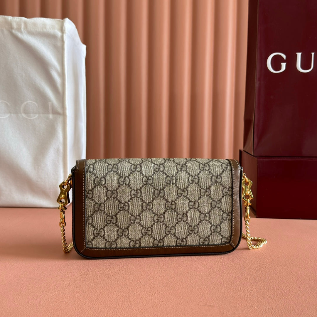 GUCCI HORSEBIT 1955 SMALL 21.5 IN BEIGE EBONY  SUPREME BROWN CALFSKIN GOLD HARDWARE
