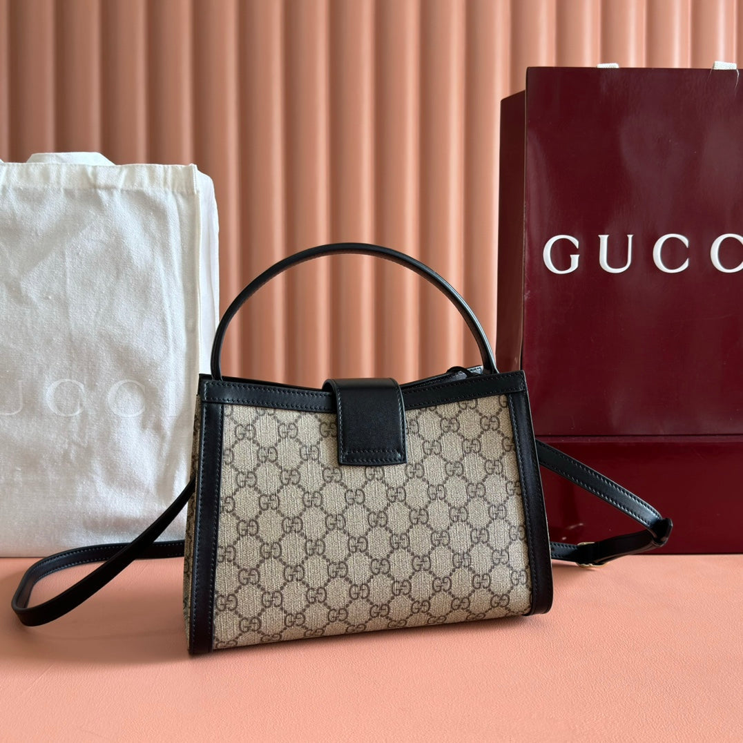GUCCI 26S PADLOCK TOP HANDLE BAG 25 IN DARK BEIGE AND BLACK CALFSKIN