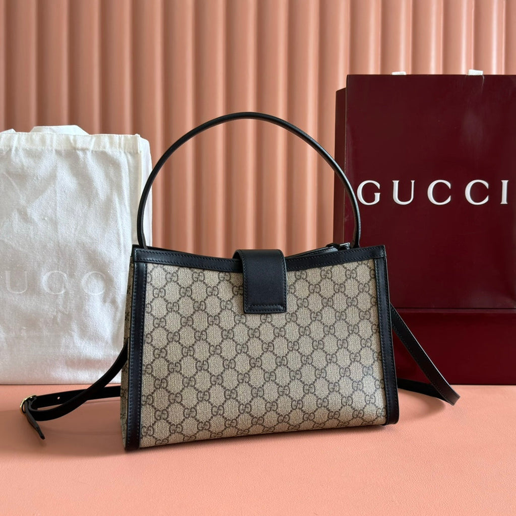 GUCCI 26S PADLOCK TOP HANDLE BAG 31 IN DARK BEIGE AND BLACK CALFSKIN
