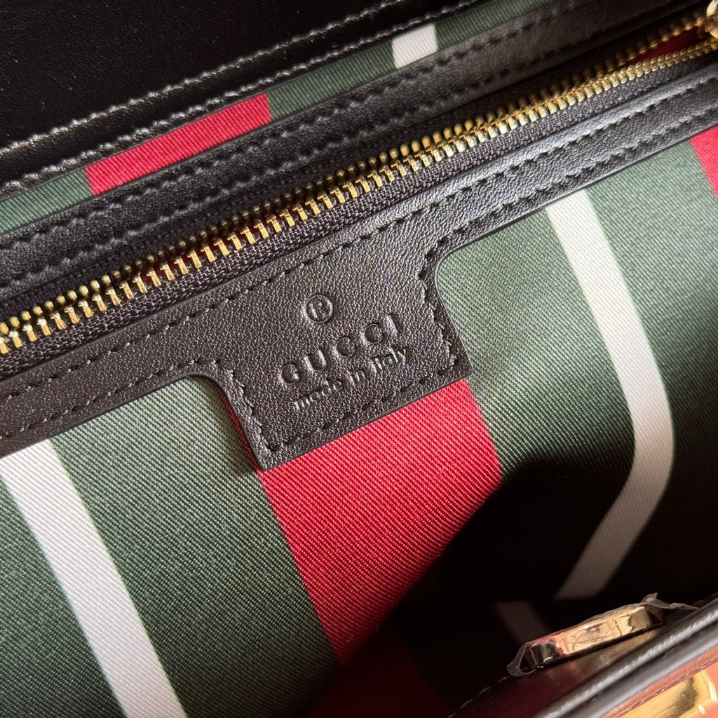 GUCCI 26S PADLOCK TOP HANDLE BAG 31 IN DARK BEIGE AND BLACK CALFSKIN
