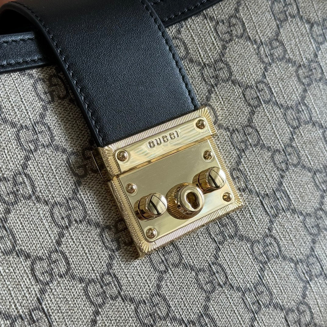 GUCCI 26S PADLOCK TOP HANDLE BAG 31 IN DARK BEIGE AND BLACK CALFSKIN