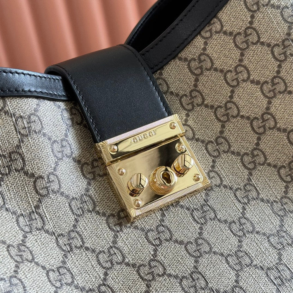 GUCCI 26S PADLOCK SHOULDER BAG 29 IN DARK BEIGE AND BLACK CALFSKIN