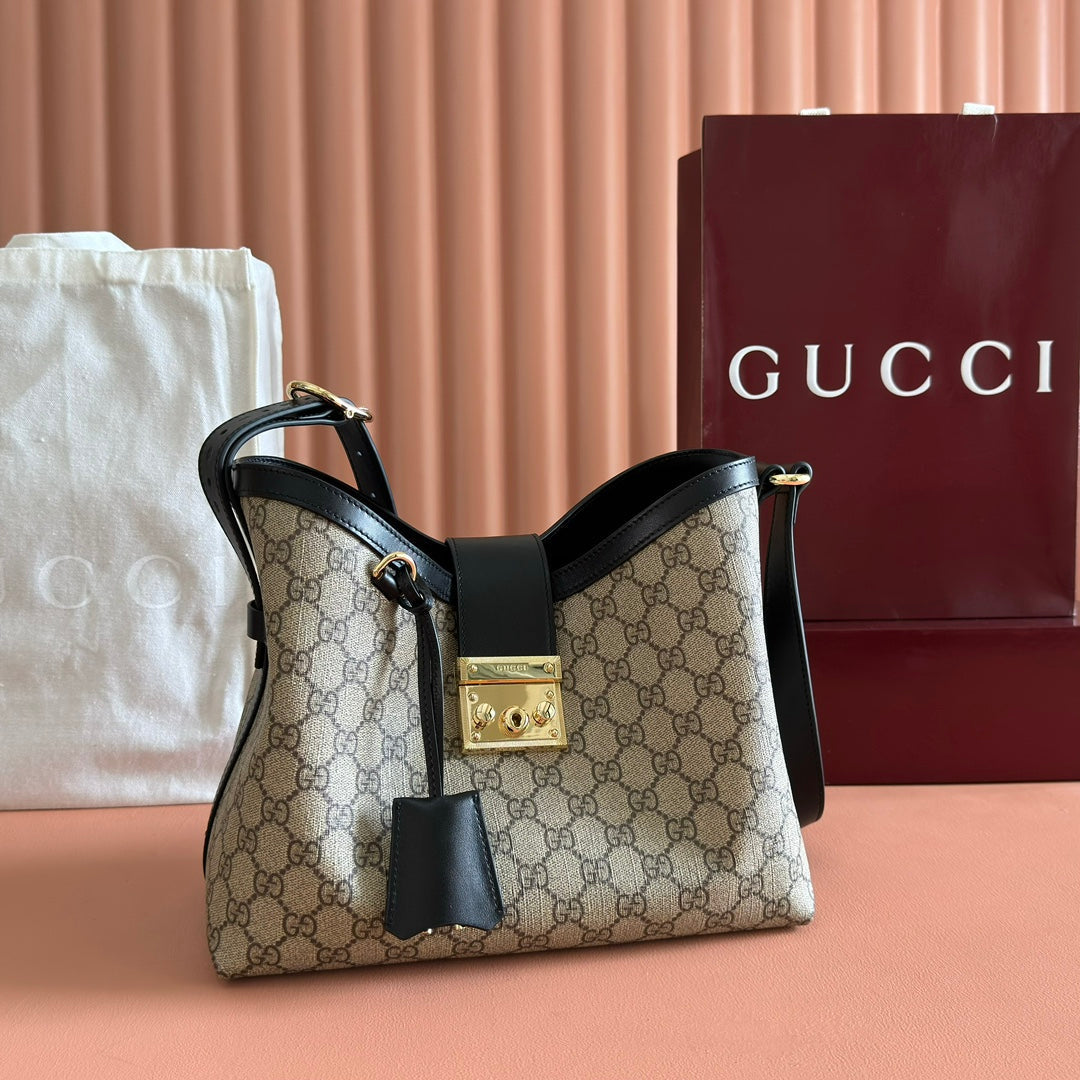 GUCCI 26S PADLOCK SHOULDER BAG 29 IN DARK BEIGE AND BLACK CALFSKIN