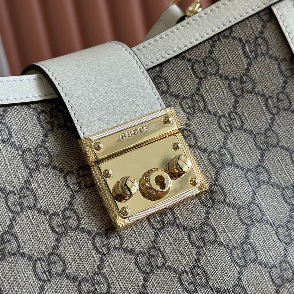 GUCCI 26S PADLOCK TOP HANDLE BAG 25 IN DARK BEIGE AND WHITE CALFSKIN