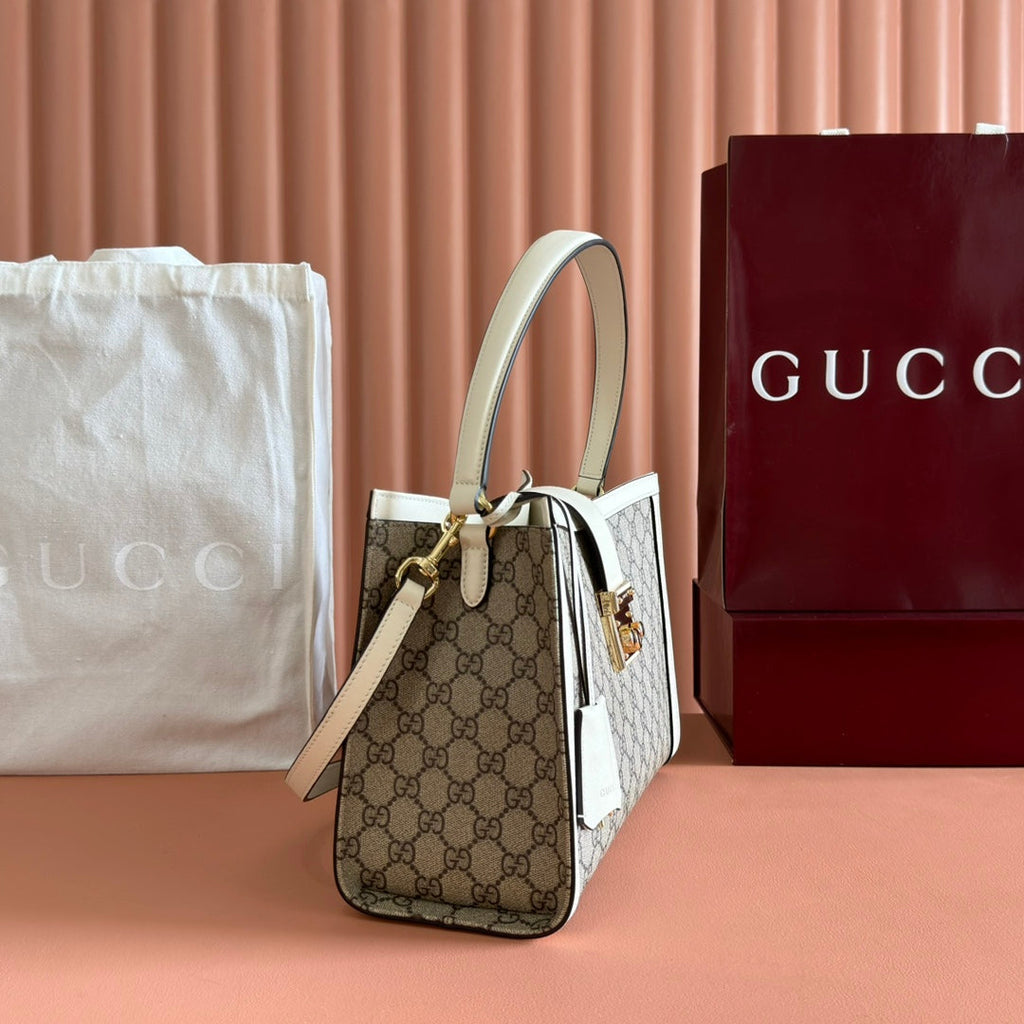 GUCCI 26S PADLOCK SHOULDER BAG 29 IN DARK BEIGE AND WHITE CALFSKIN
