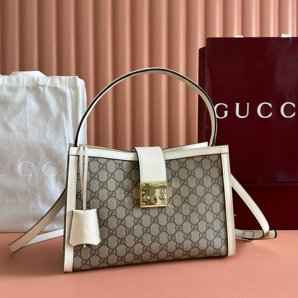 GUCCI 26S PADLOCK TOP HANDLE BAG 31 IN DARK BEIGE AND WHITE CALFSKIN