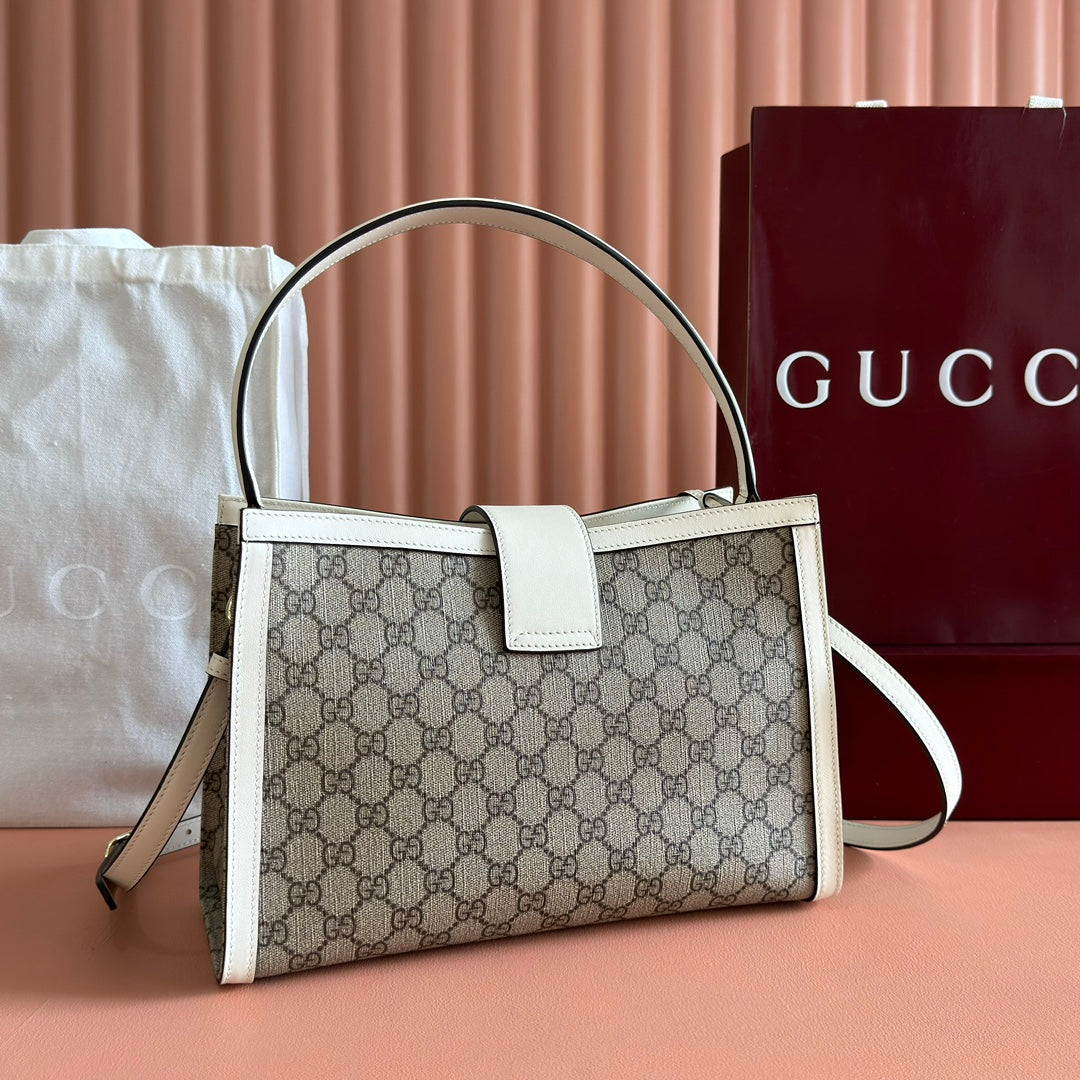 GUCCI 26S PADLOCK TOP HANDLE BAG 31 IN DARK BEIGE AND WHITE CALFSKIN