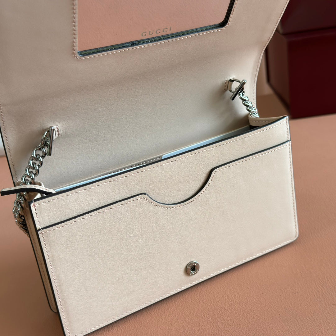 GUCCI MARMONT WALLET ON CHAIN 20 BEIGE AND WHITE IN CALFSKIN
