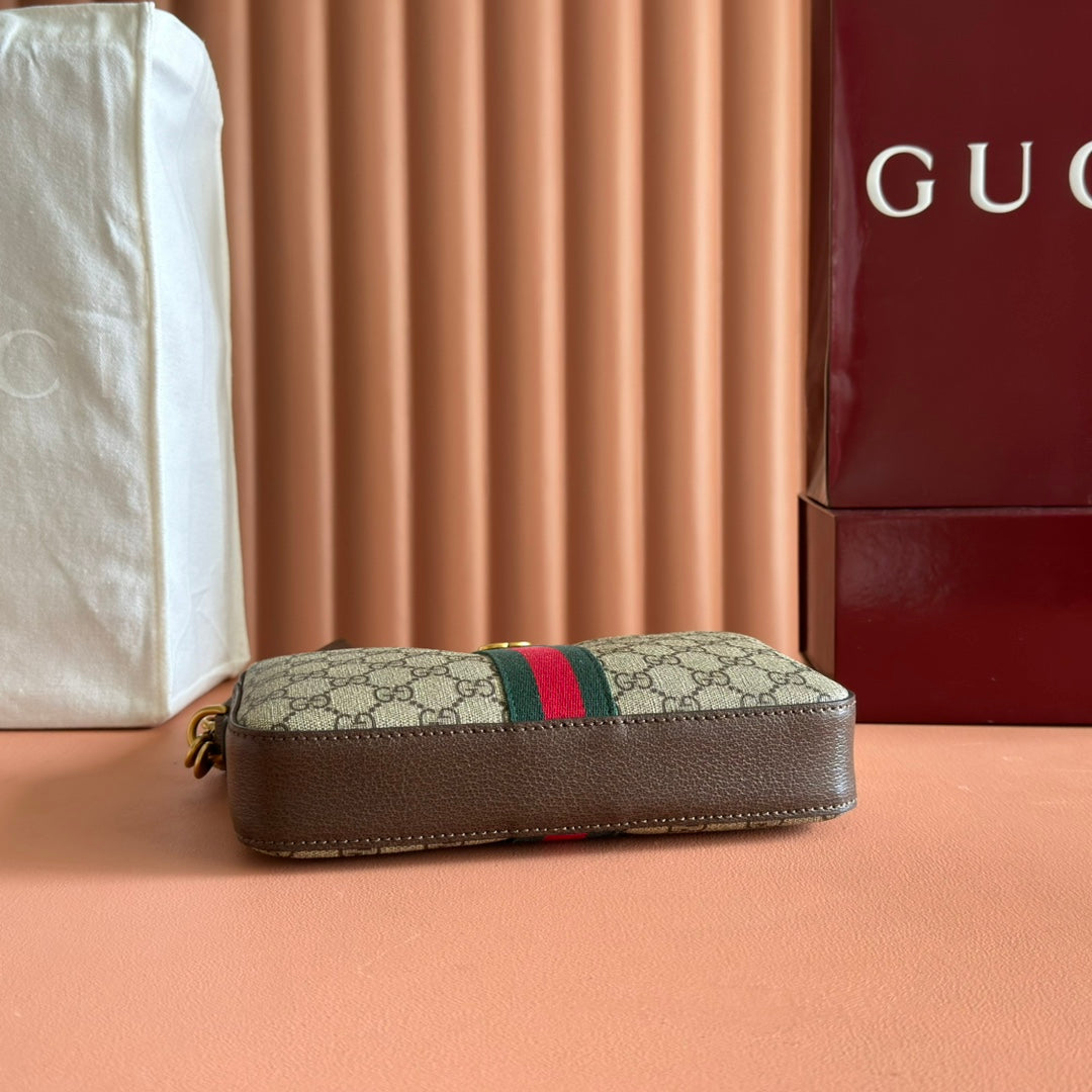 GUCCI OPHIDIA SMALL CROSSBODY BAG 24 IN BEIGE CANVAS AND BROWN CALFSKIN