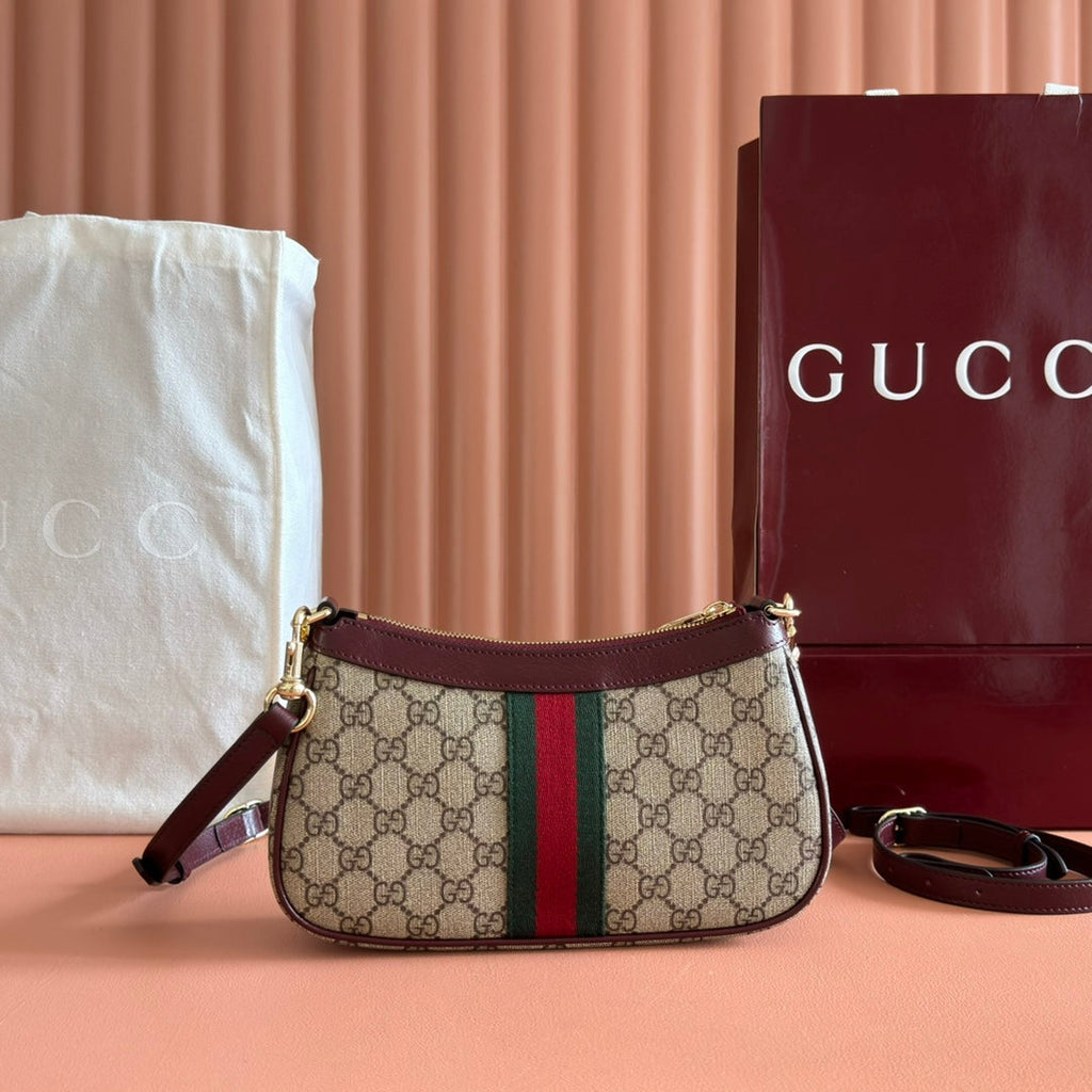 GUCCI OPHIDIA SMALL SHOULDER BAG 26 IN BROWN CANVAS REDDISH BROWN LEATHER TRIM