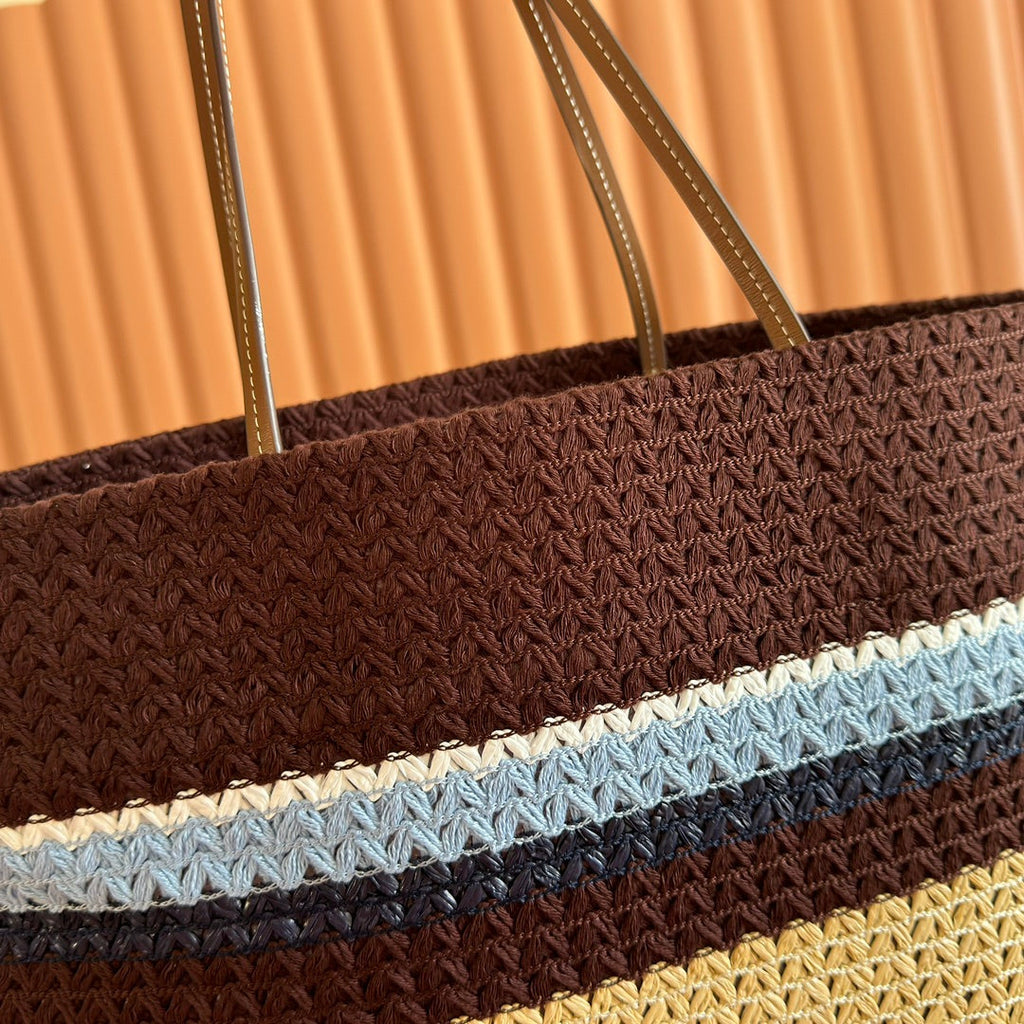 TOTE BAG 40 IN STRIPED PATTERN OF BROWN BLUE AND YELLOW WOVEN RAFFIA