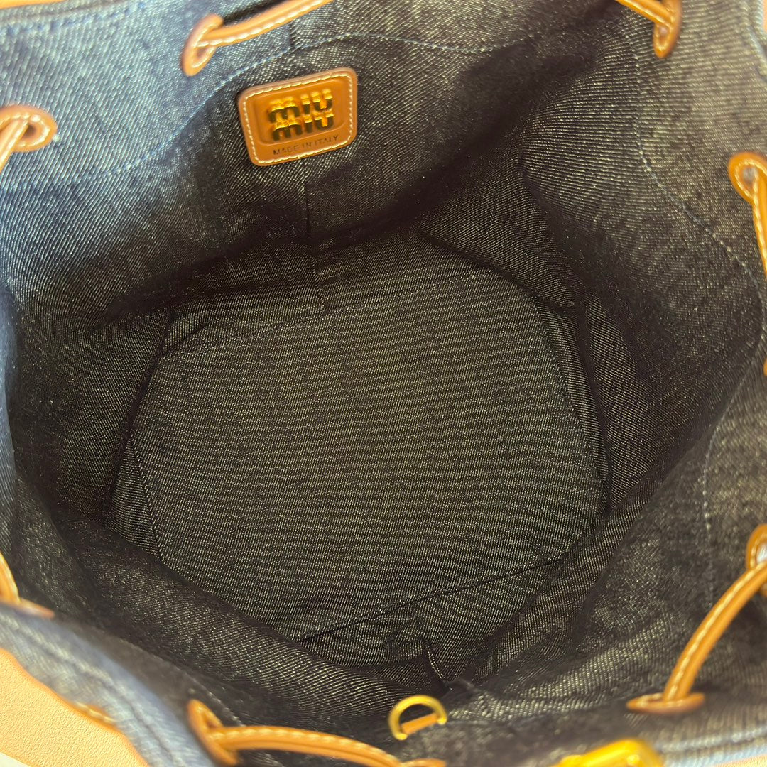 BUCKET BAG 29 DENIM BLUE AND BRANDY IN CANVAS