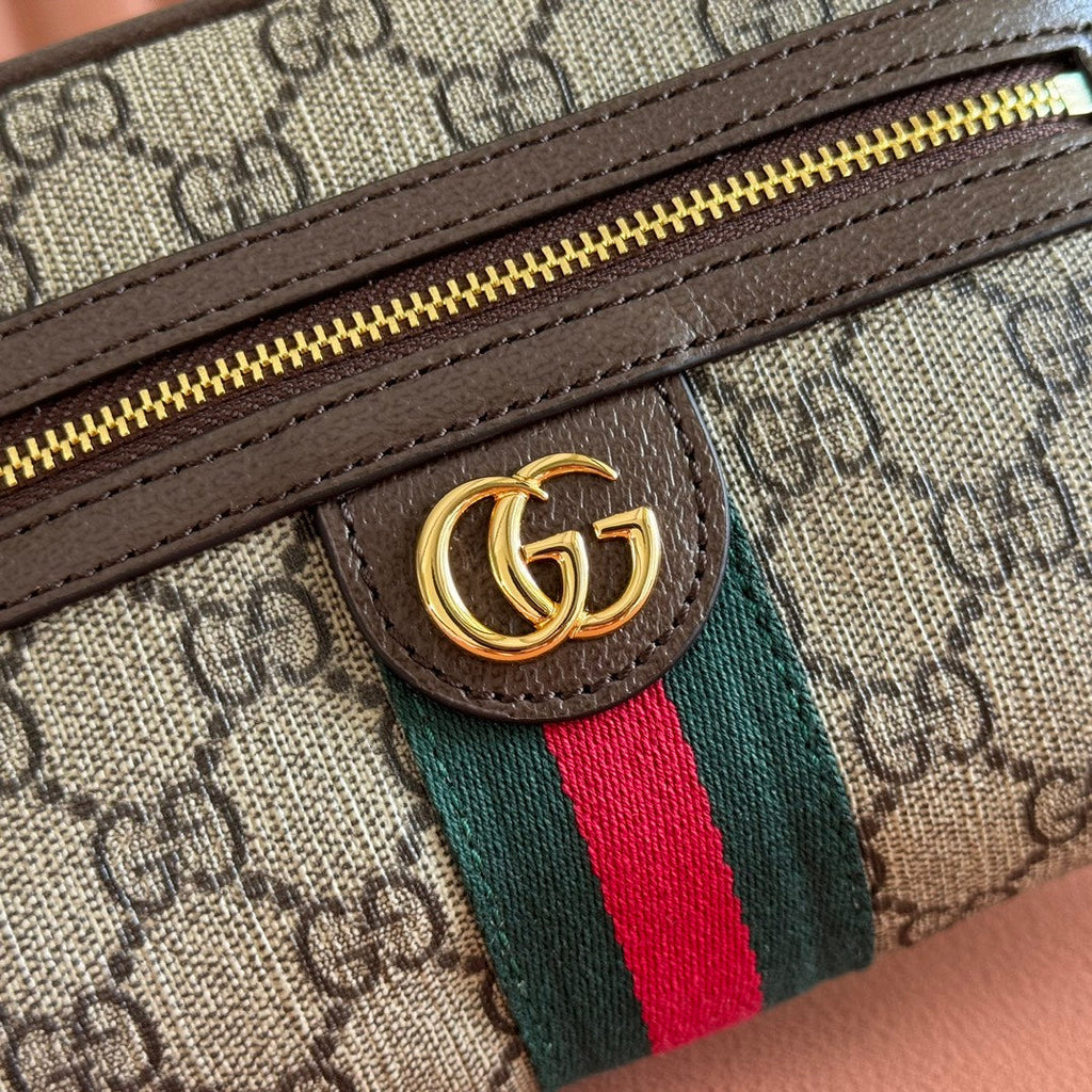 GUCCI 25S DESIGNER HANDBAG 18 IN BEIGE CANVAS AND BROWN CALFSKIN