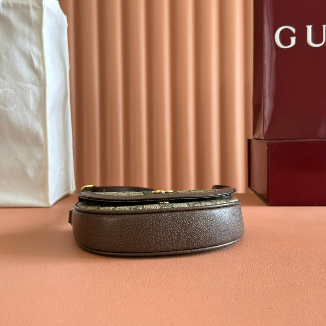 GUCCI 25S OPHIDIA MINI BAG 20 IN DARK BEIGE CANVAS AND BROWN CALFSKIN