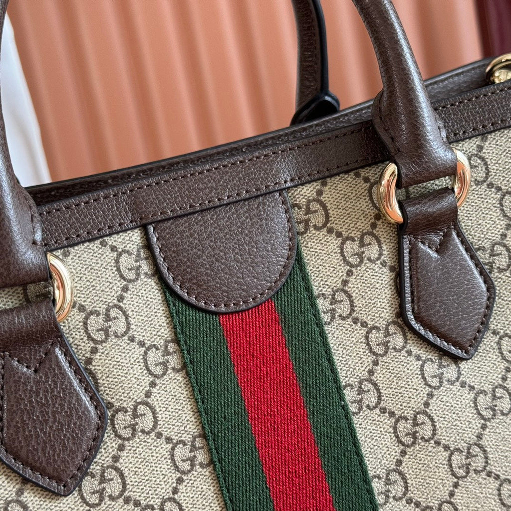 GUCCI 26S OPHIDIA HANDBAG 39 IN BROWN AND DARK BEIGE CANVAS