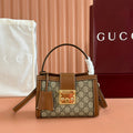 GUCCI 26S PADLOCK TOP HANDLE BAG 20 IN DARK BEIGE AND BROWN CALFSKIN