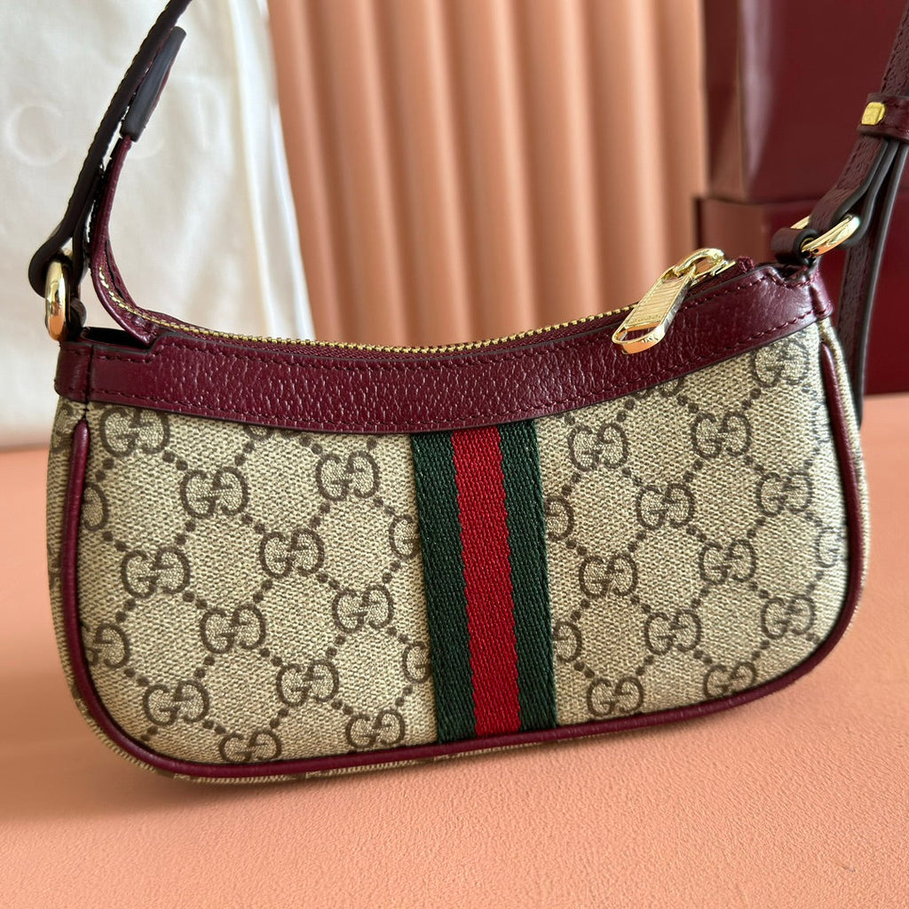 GUCCI 26S OPHIDIA BAG 20 IN DARK BEIGE AND RED CALFSKIN