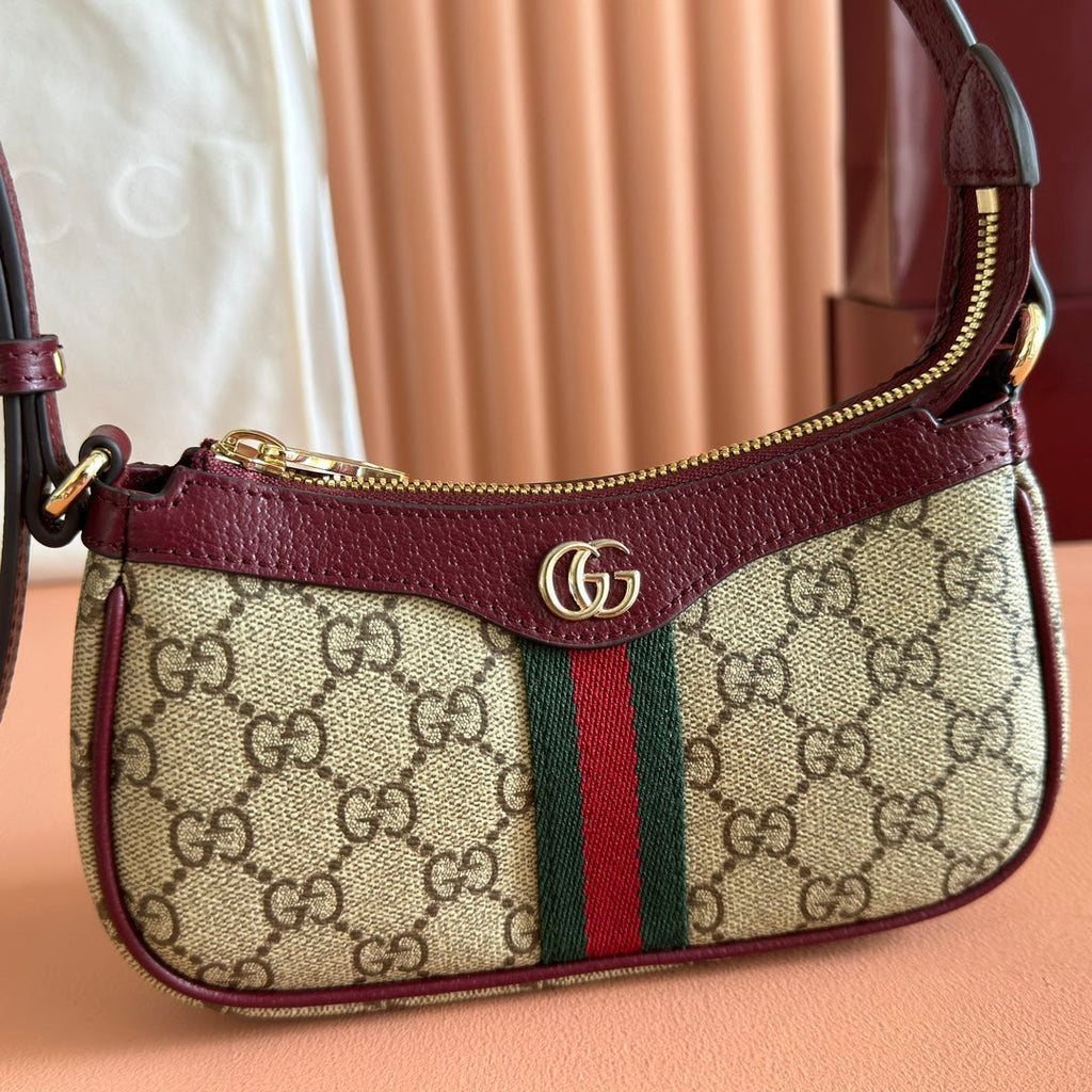 GUCCI 26S OPHIDIA BAG 20 IN DARK BEIGE AND RED CALFSKIN
