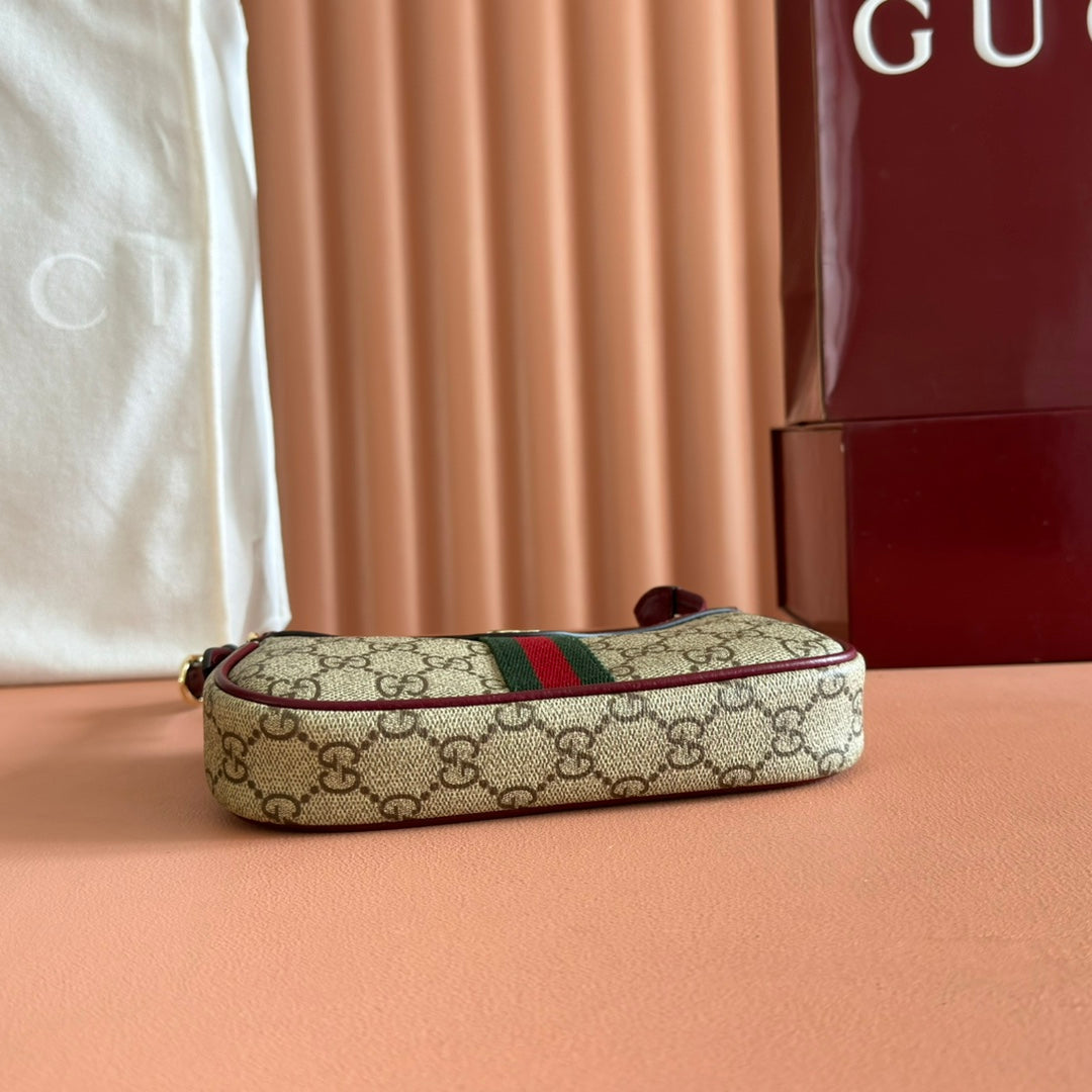 GUCCI 26S OPHIDIA BAG 20 IN DARK BEIGE AND RED CALFSKIN